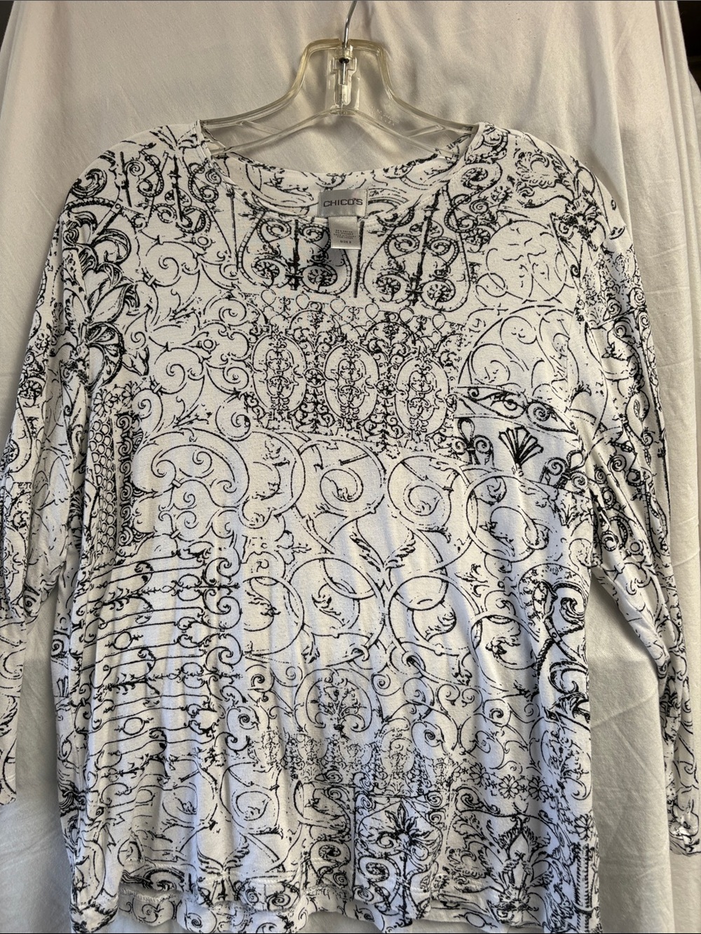 Chico's White Long-Sleeve Top with Black Ornamental Scroll Print